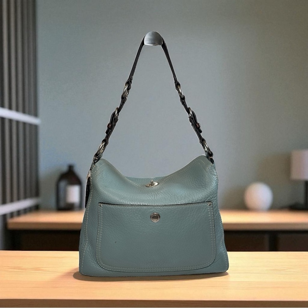 COACH Chelsea Legacy Pebbled Leather Turnlock Shoulder Bag Blue Mist 1990’s